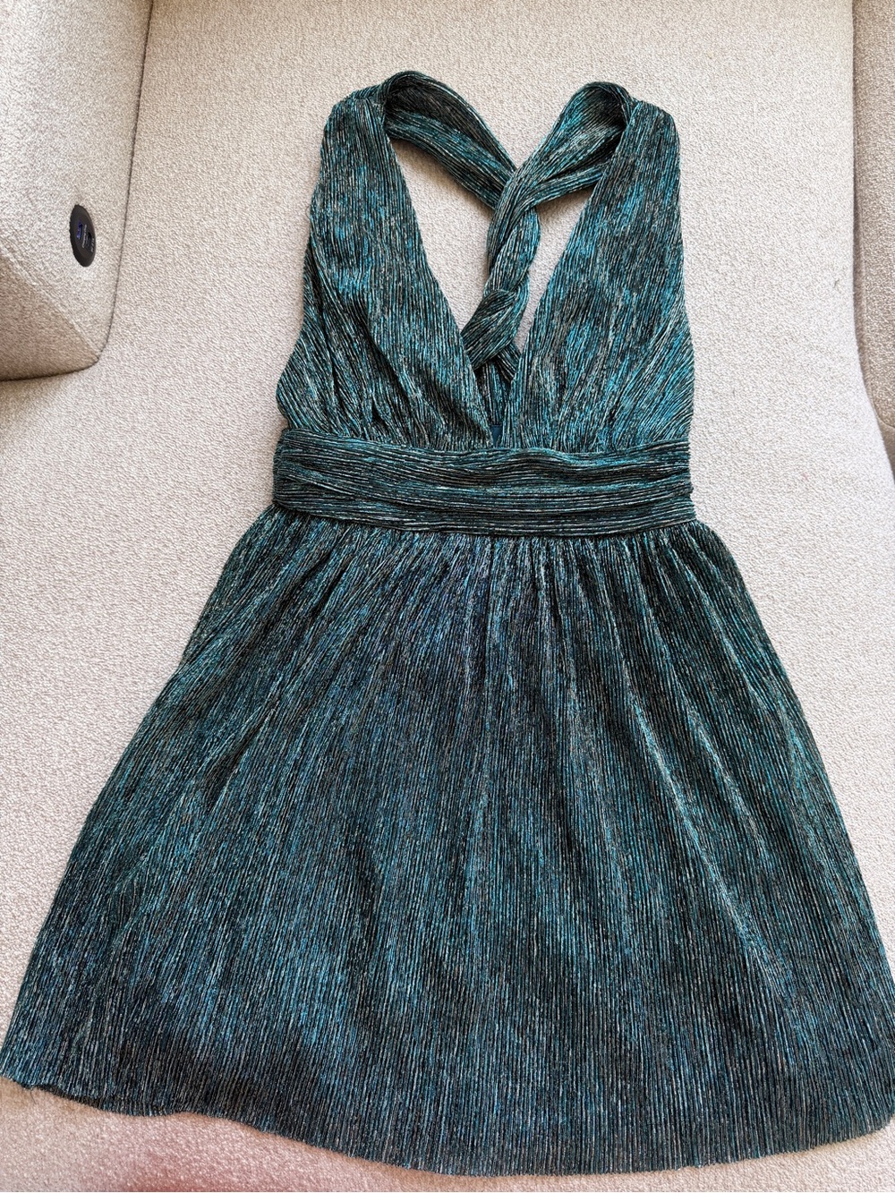 Lulu's Teal Metallic Pleated Halter Top